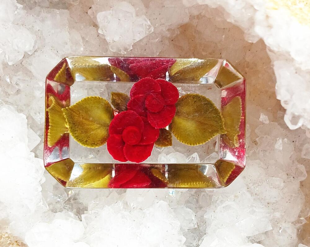 Vintage 1940s Red Roses Encased in Lucite Brooch